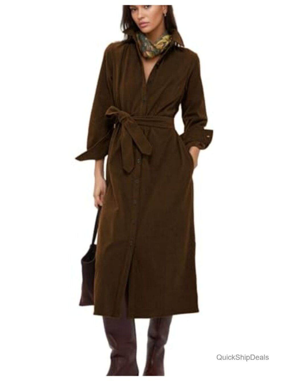 Corduroy Midi Shirt Dress with Pockets Long Sleeve V-Neck Belted